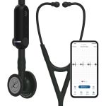Stethoscope with ear pieces that come down and connect together near the neck area. The stethoscope features a circular listening chest piece and a black rectangular digital control module right above. Shown alongside the stethoscope is a smartphone screen displaying an app with a heart sound waveform and a heart rate reading of 67 BPM.