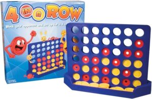 Blue vertical table top game with yellow and red parts 