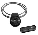 Neckloop features a circular control panel with buttons for volume, play/pause, and track navigation attached to a flexible loop worn around the neck. The separate rectangular transmitter has a sleek back design with a power button and clip for easy attachment.