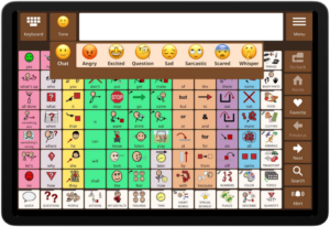 Avaz AAC app is open on iPad. Display shows 96 squares to tap. Each square has a word or phrase on it, and most squares have a visual to go along with it. There is also an option to change the emotional tone.