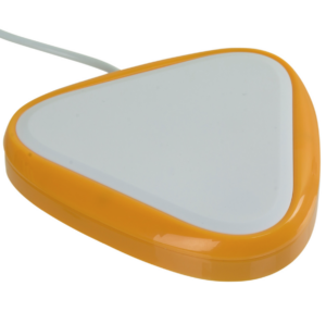Triangular switch with rounded corners. Has orange edges and a white surface.