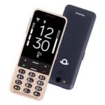 gold and black phone with tactile buttons on the bottom and large screen displaying the time on the top