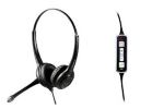headset with thin black band that goes around the top of the head and cushion headphone earpieces that go over the ear with a microphone sticking out of one of the ear pieces. A rectangular control panel is also shown on the wire with an up and down volume button.