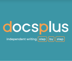 Blue background with white and orange text. The text says, “Docs Plus. Independent writing step by step.”