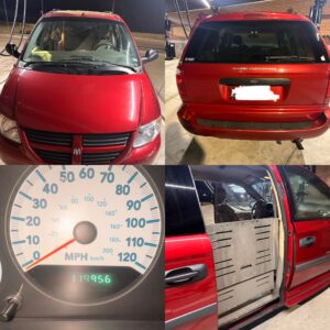 A compilation of four images of a red 2007 Dodge Grand Caravan. The images show the Caravan from the front, back, and side with entry ramp. There is also a picture of the speedometer, which displays 119,956 miles. Exterior is in good condition with no visible scratches. A small Christian fish is on the back of the car.