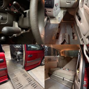 A compilation of four images of the inside of the Dodge Grand Caravan. The images show the hand control, floor of the vehicle, side entry ramp, and backseat. A wheelchair track is located on the passenger’s side. Interior is tan and appears gently used.