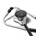 Stethoscope with ear pieces and a circular listening chest piece with a heart beat wave form and a reading of 86 BPM displayed on the chest piece.