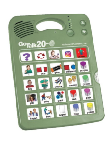 Green device with speaker and 25 squares. Each square has a different picture on it, and some squares have a word to go along with the picture.