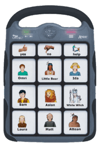Gray device with speaker, black handle, and black trim. Includes twelve squares. Each square has a picture and words to go along with the picture.