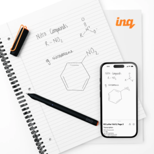 Notebook with notes on it. A pen and smartphone are on top of the paper. The smartphone displays a copy of the notebook's notes.