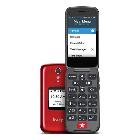 Lively Flip is shown open with upper screen and lower keypad. There are directional arrows, and the number keys are separated. Product provided will be ordered in RED only.