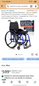 Amazon listing of the wheelchair. Amazon price is $599.99. Product has 47 reviews, averaging 3.8 out of 5 stars. Chair is listed as weighing 25 pounds. Backrest has the same type of padding and texture as seat cushion.