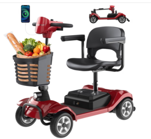 Advertisement picture for the scooter. Picture depicts a phone charging port and foldable design.