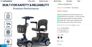Advertisement picture for the scooter. Ad’s description mentions NFC card access, a secure locking system, a padded 360-degree swivel seat, and armrests that flip up. Also mentions 330 pound weight capacity, and 12 mile maximum range.