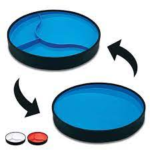 Blue circular plate showing one side with open, sloped design, and the reverse side with 3 compartments for food