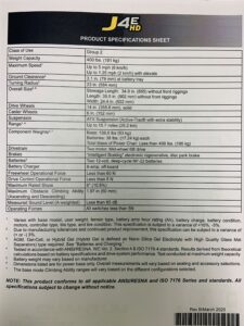 Specs sheet for J4E HD Power Chair.