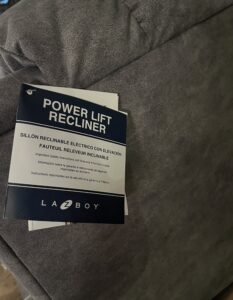 La-Z-Boy Power Lift Recliner tag, still attached to chair.
