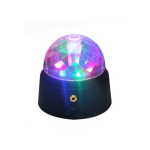 Round, black base holding a crystal ball with multi-colored lights.