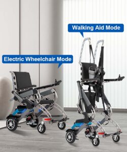 chair with wheels, footrest and arm rests with text above that says 