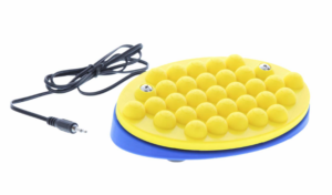 Yellow oval switch with lots of big bumps. Switch has a blue base.