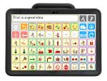 Rectangular tablet in case with handle featuring a 10 inch screen with a communication app on the screen