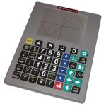 Rectangular gray device with screen at the top featuring a graph, and several large buttons including number buttons, as well as different mathematical function buttons