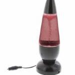 Cone shaped lamp with a liquid mixture that is lit red and a tornado funnel in the liquid