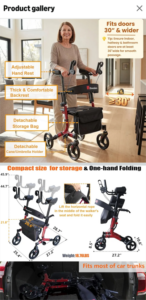Screenshot of advertisements for the walker. The text mentions that the walker fits doors that are 30 inches and wider. It also fits in most car trunks. It weighs 18.76 pounds.