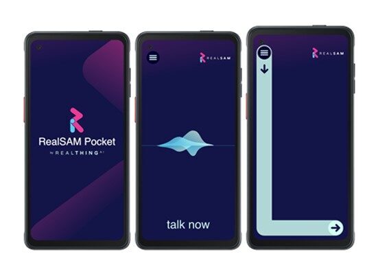 RealSAM with 3 separate images of the face of the phone. The first shows the start-up screen, the next shows the “talk now” screen, and the last shows how to access assistance.